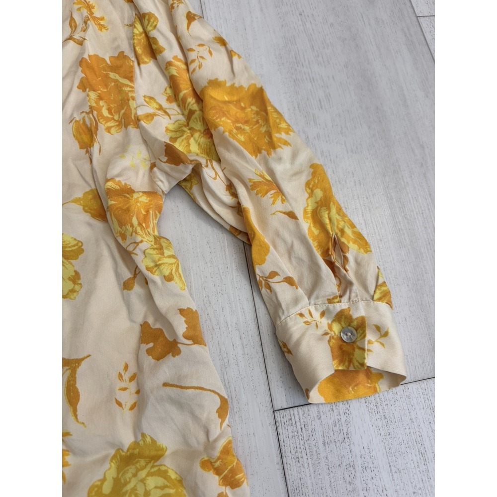 Free People Silk Button Down Shirt Sz S‎ Floral Yellow Open Back - Picture 2 of 9